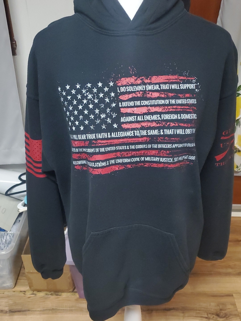 Men's Black Crewneck Hoodie with Distressed American Flag Graphic